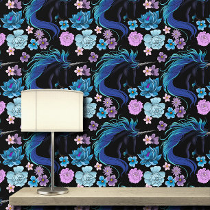 Elegante Zwarte Eenhoorn Blauw Zilver Magische Fan Behang
