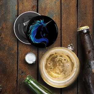 Elegante Zwarte Eenhoorn Blauw Zilver Magische Fan Button Flesopener