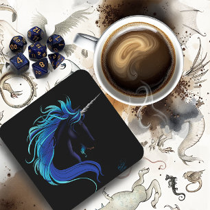 Elegante Zwarte Eenhoorn Blauw Zilver Magische Fan Drankjes Onderzetter