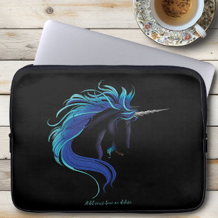 Elegante Zwarte Eenhoorn Blauw Zilver Magische Fan Laptop Sleeve