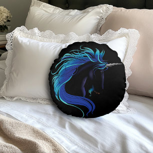 Elegante Zwarte Eenhoorn Blauw Zilver Magische Fan Rond Kussen