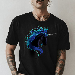 Elegante Zwarte Eenhoorn Blauw Zilver Magische Fan T-shirt