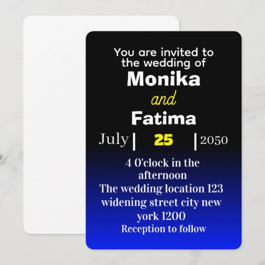 Elegante zwarte en blauwe huwelijksuitnodiging kaart (Voorkant / Achterkant)
