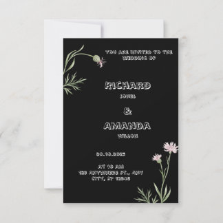Elegante zwarte en bloemenbruiloft uitnodiging
