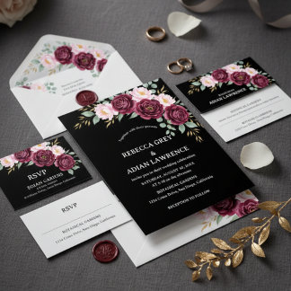Elegante zwarte en bordeauxroze bloemen bruiloft kaart