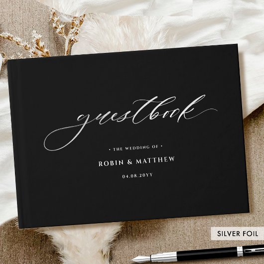 Elegante zwarte en echte Folie kalligrafie bruilof Gastenboek