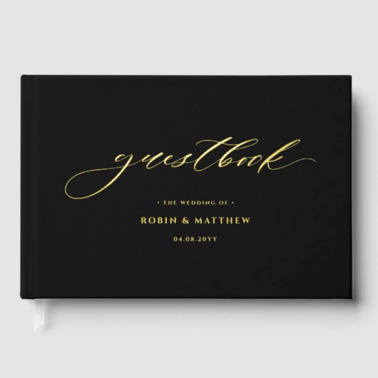 Elegante zwarte en echte Folie kalligrafie bruilof Gastenboek (Voorkant)