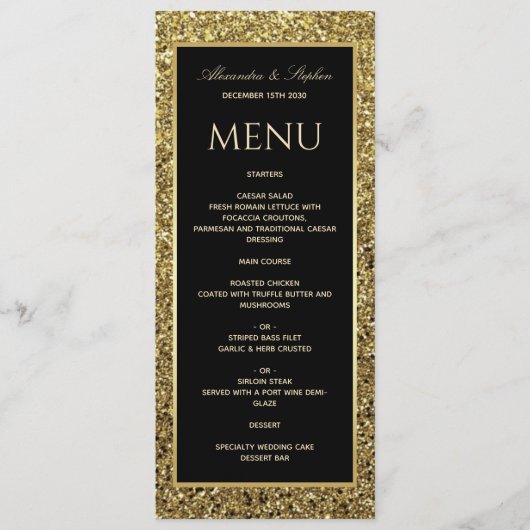 Elegante zwarte en glinsterende gouden bruiloft menu (Voorkant)