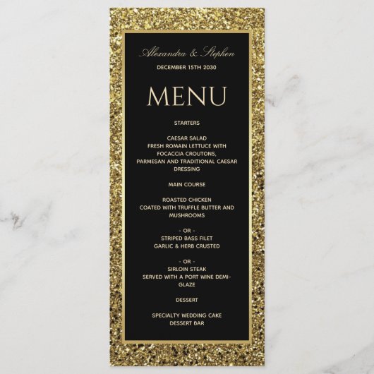 Elegante Zwarte en Glitter Gouden Bruiloft Menu (Voorkant)