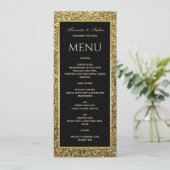 Elegante Zwarte en Glitter Gouden Bruiloft Menu (Staand voorkant)