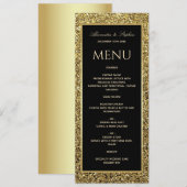 Elegante Zwarte en Glitter Gouden Bruiloft Menu (Voorkant / Achterkant)