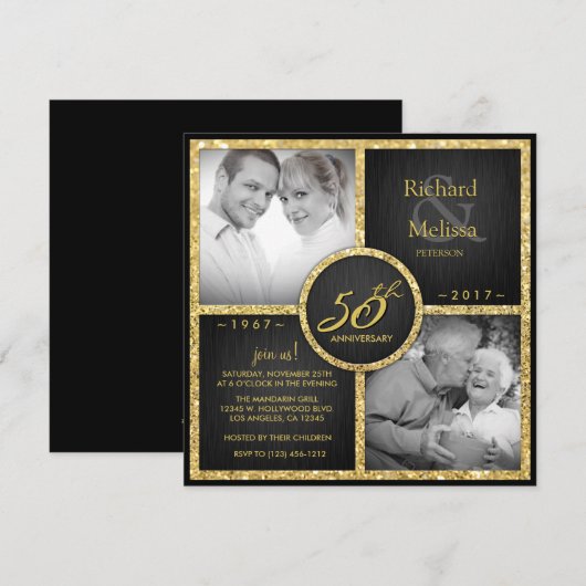 Elegante zwarte en gouden 50ste huwelijksverjaarda kaart (Voorkant / Achterkant)
