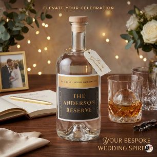 Elegante zwarte en gouden aangepaste reserve-huwel likeurfles etiket