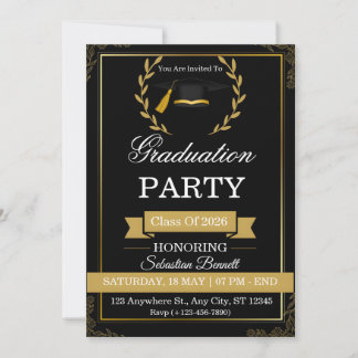 Elegante zwarte en gouden afstudeerfeest uitnodigi kaart