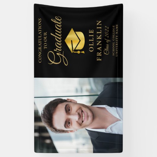 Elegante Zwarte En Gouden Afstudeerfoto Spandoek (Verticaal)