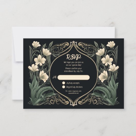 Elegante zwarte en gouden Art Nouveau bloem RSVP Kaartje (Voorkant)