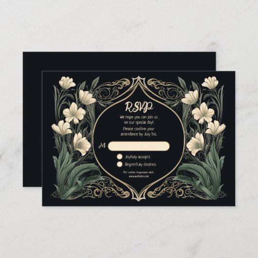 Elegante zwarte en gouden Art Nouveau bloem RSVP Kaartje (Voorkant / Achterkant)