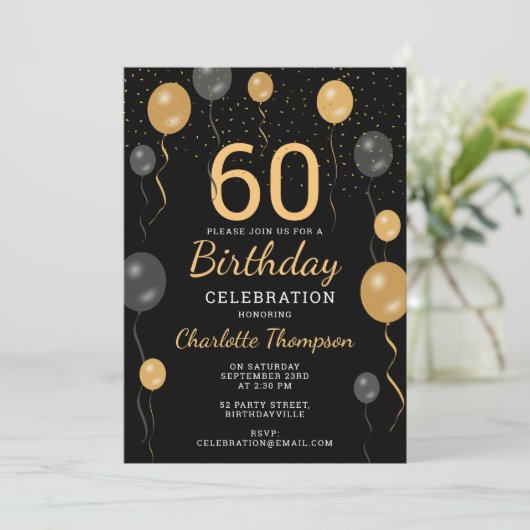 Elegante zwarte en gouden ballonnen 60e verjaardag kaart (Staand voorkant)