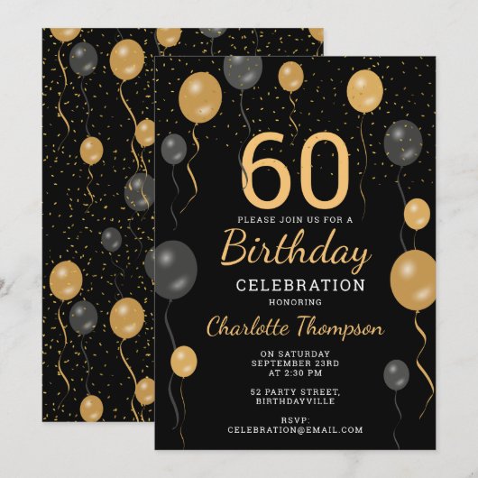 Elegante zwarte en gouden ballonnen 60e verjaardag kaart (Voorkant / Achterkant)
