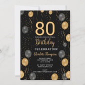 Elegante zwarte en gouden ballonnen 80e verjaardag kaart (Voorkant)