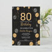 Elegante zwarte en gouden ballonnen 80e verjaardag kaart (Staand voorkant)