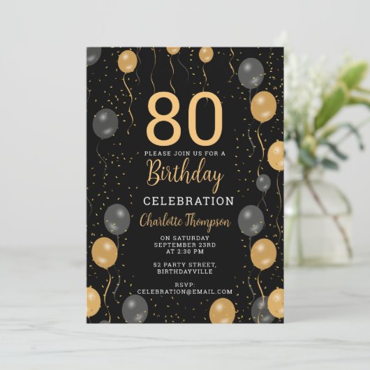 Elegante zwarte en gouden ballonnen 80e verjaardag kaart (Staand voorkant)