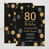 Elegante zwarte en gouden ballonnen 80e verjaardag kaart (Voorkant / Achterkant)