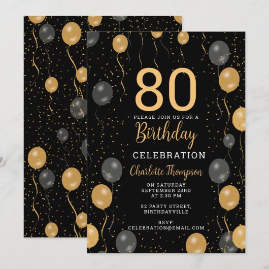 Elegante zwarte en gouden ballonnen 80e verjaardag kaart (Voorkant / Achterkant)