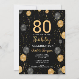 Elegante zwarte en gouden ballonnen 80e verjaardag kaart