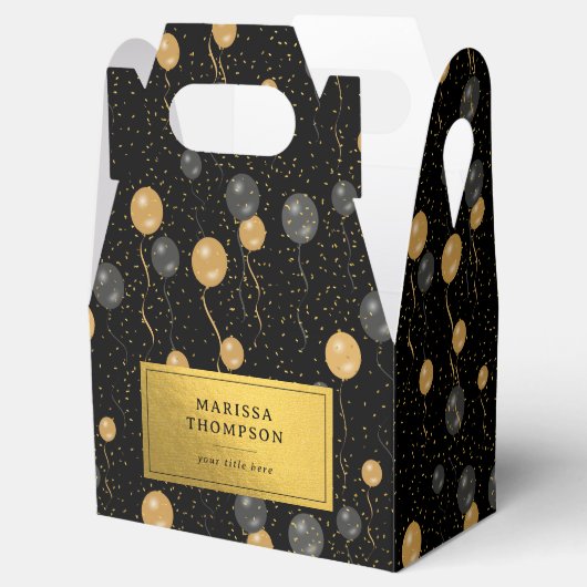 Elegante zwarte en gouden ballonnen bedankdoosjes (Geopend)