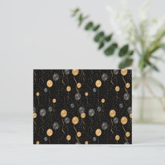 Elegante zwarte en gouden ballonnen feestdagenkaart (Staand voorkant)