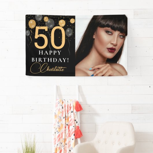 Elegante zwarte en gouden ballonnen foto verjaarda spandoek (Insitu)