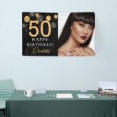 Elegante zwarte en gouden ballonnen foto verjaarda spandoek (Beurs)