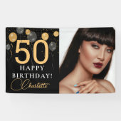 Elegante zwarte en gouden ballonnen foto verjaarda spandoek (Horizontaal)