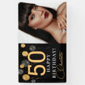 Elegante zwarte en gouden ballonnen foto verjaarda spandoek (Verticaal)