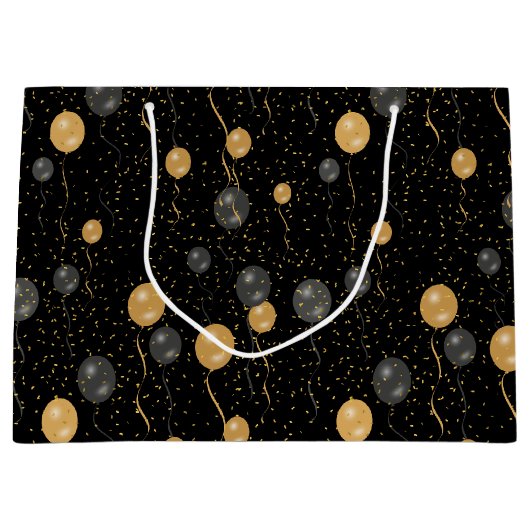 Elegante zwarte en gouden ballonnen groot cadeauzakje (Voorkant)