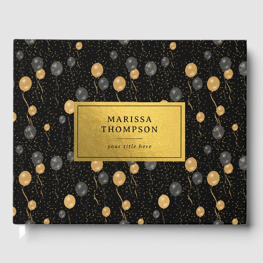 Elegante zwarte en gouden ballonnen Keepsake Gastenboek (Voorkant)