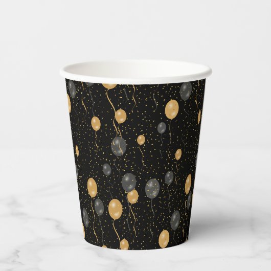 Elegante zwarte en gouden ballonnen papieren bekers (Achterkant)