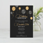 Elegante zwarte en gouden ballonnen verjaardagsdin kaart (Staand voorkant)