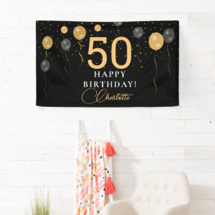 Elegante zwarte en gouden ballonnen verjaardagsfee spandoek