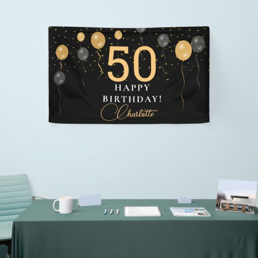 Elegante zwarte en gouden ballonnen verjaardagsfee spandoek (Beurs)