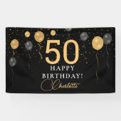 Elegante zwarte en gouden ballonnen verjaardagsfee spandoek (Horizontaal)