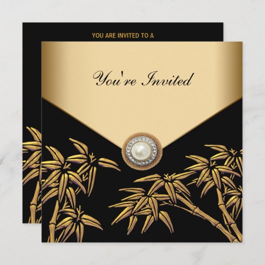 Elegante zwarte en gouden bamboe feest kaart (Voorkant / Achterkant)