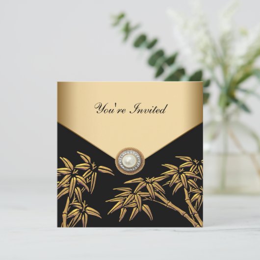 Elegante zwarte en gouden bamboe feest kaart (Staand voorkant)