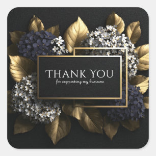Elegante Zwarte en Gouden Blad Blauwe Hortensia Lu Vierkante Sticker