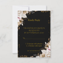 Elegante zwarte en gouden bloemen bruiloft RSVP ka