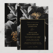 Elegante zwarte en gouden bloemenchique bruiloft kaart (Voorkant / Achterkant)