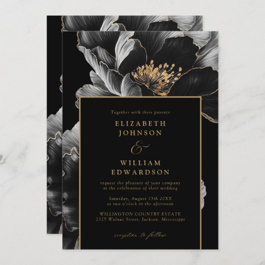 Elegante zwarte en gouden bloemenchique bruiloft kaart (Voorkant / Achterkant)