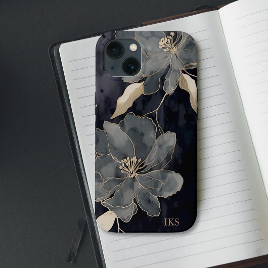 Elegante zwarte en gouden bloemige monogramkunst Case-Mate iPhone case