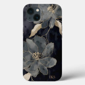 Elegante zwarte en gouden bloemige monogramkunst Case-Mate iPhone case (Achterkant)
